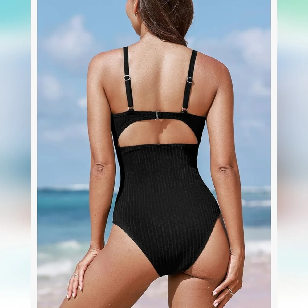Cupshe Round Neck Back Cutout Textured/Mesh One-Piece - black - Picture 2 of 14
